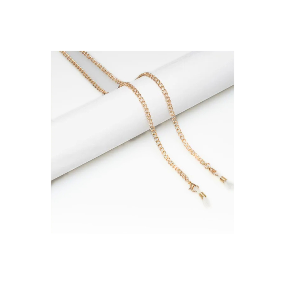 Gold chain eyeglass holder on a white background