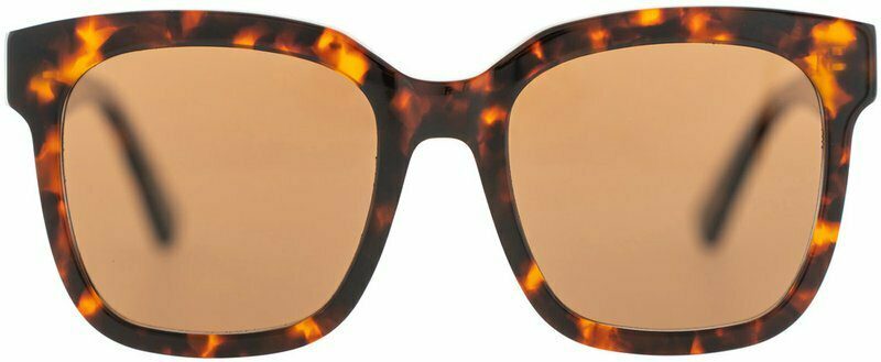 Sunglasses with tortoiseshell frame and brown lenses on a white background