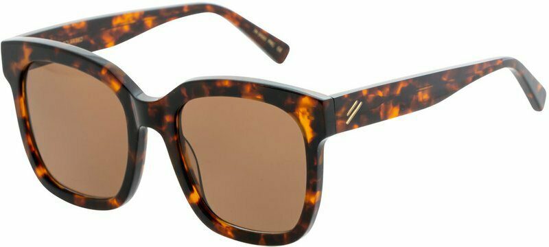 Sunglasses with tortoiseshell frame and brown lenses on a white background