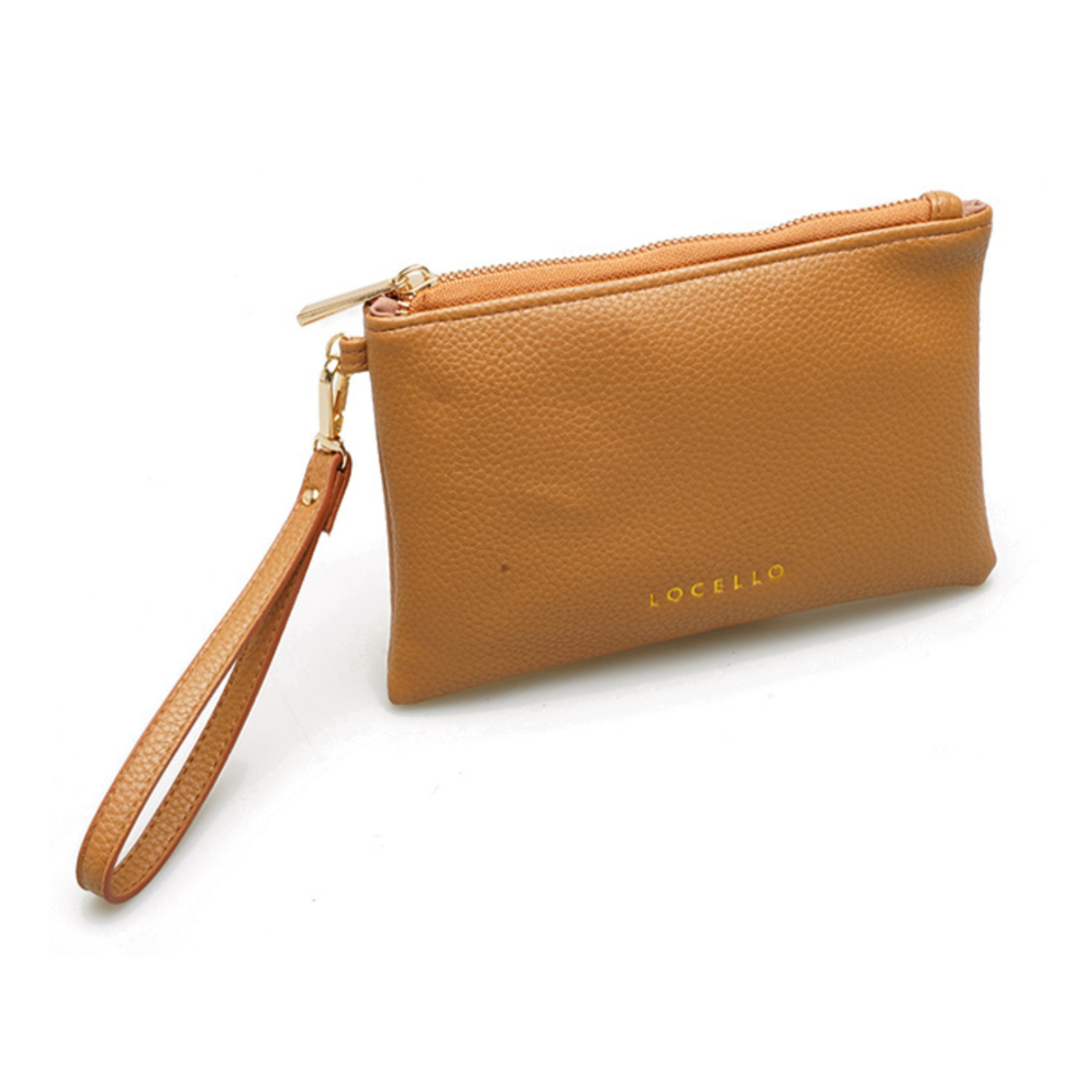 Brown leather clutch with a strap on a white background, featuring the brand 'Locello'.