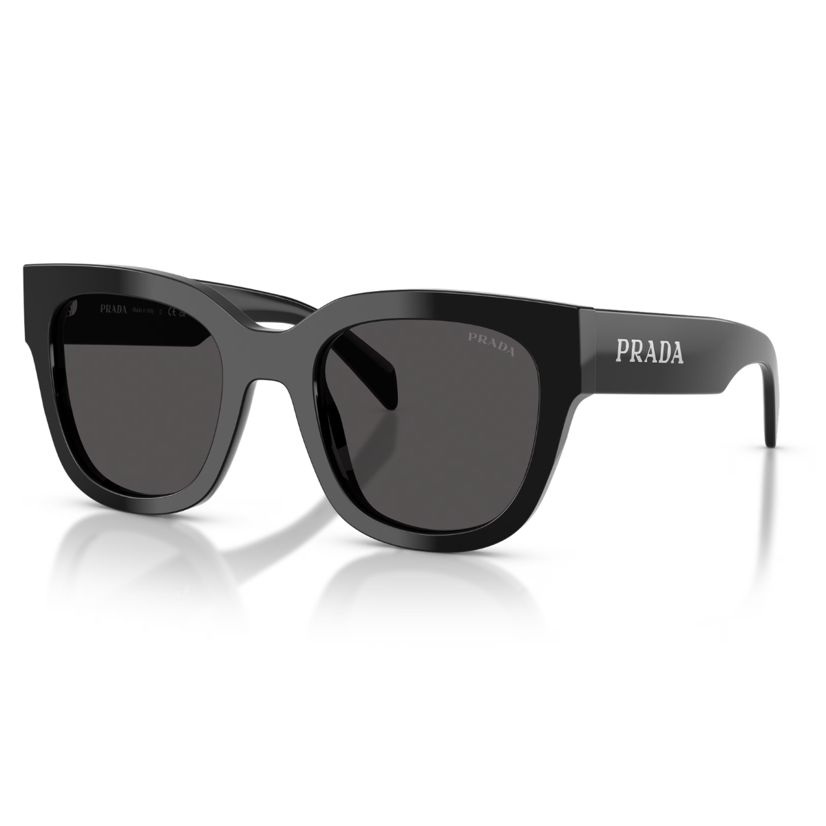 Black square sunglasses with gray lenses on a white background