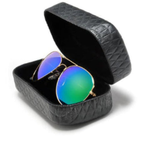 Green and blue reflective sunglasses in a black textured case on a white background