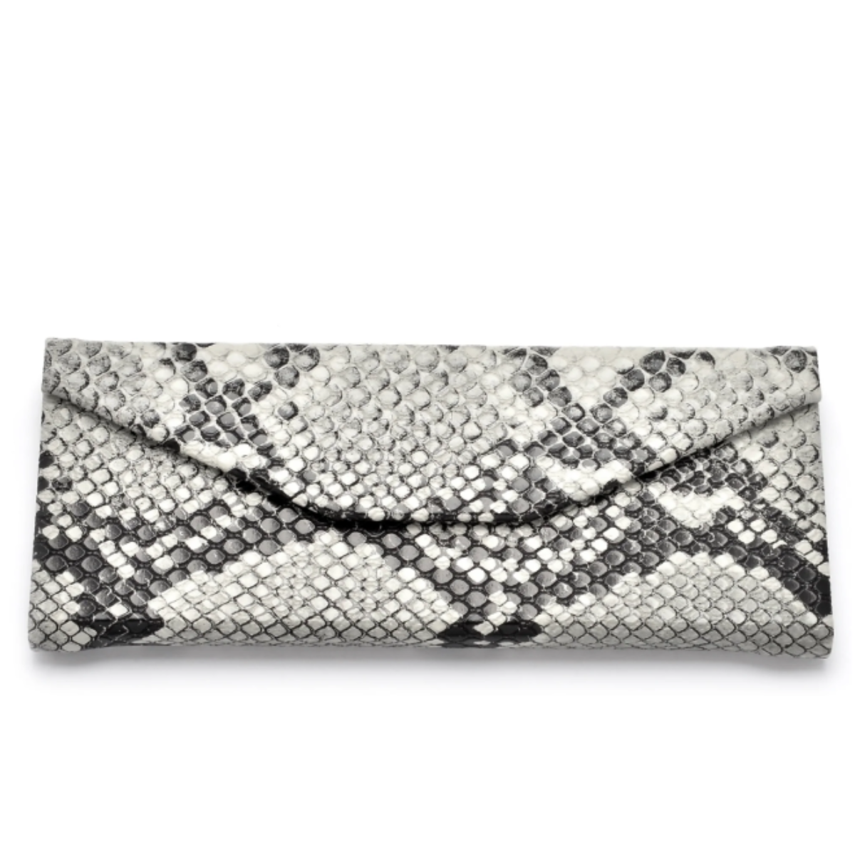 Snakeskin patterned clutch bag on a white background