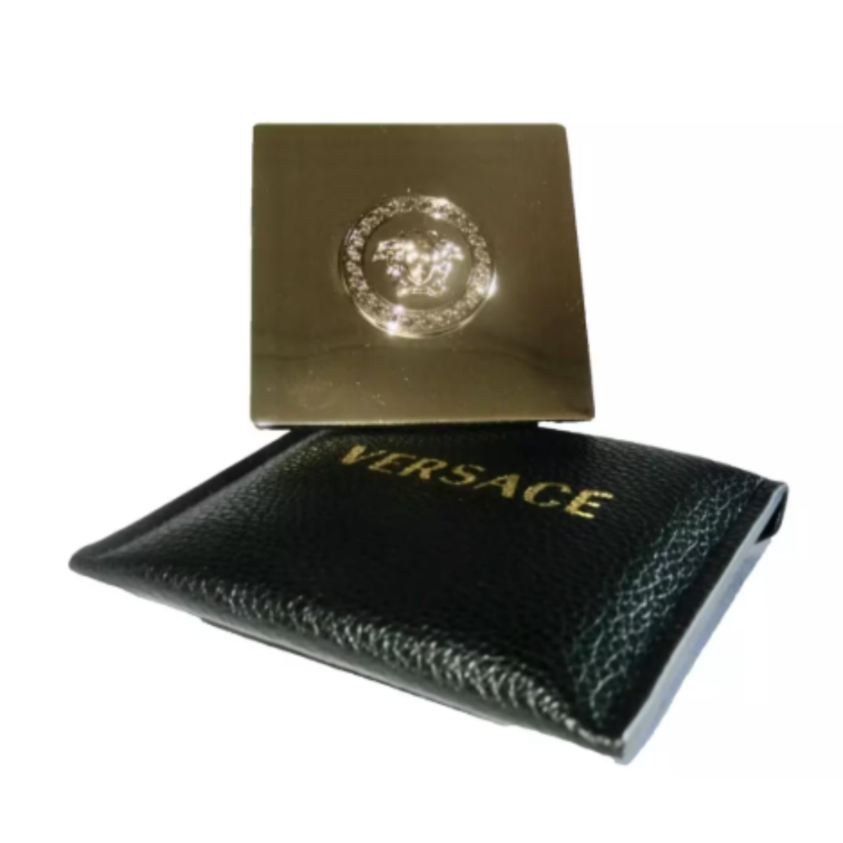 Black Versace wallet pouch with gold mirror medusa logo on a white background