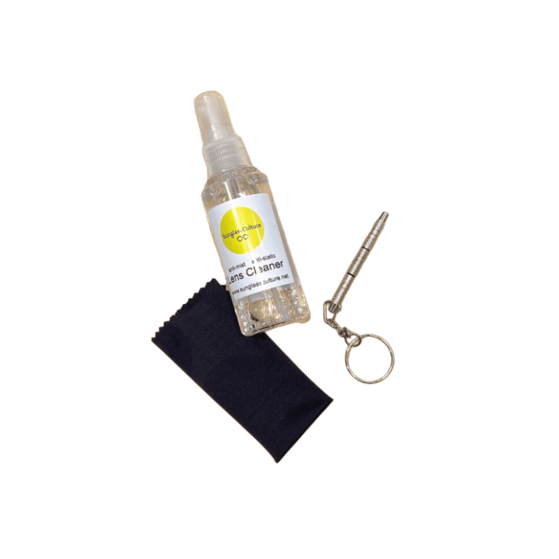 Lens cleaner spray bottle, microfiber cloth, and cleaning tool on a white background