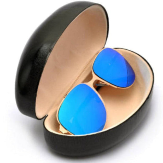 Blue sunglasses in a black case on a white background