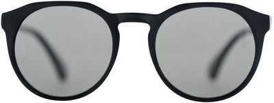 Black-framed sunglasses with reflective lenses on a white background