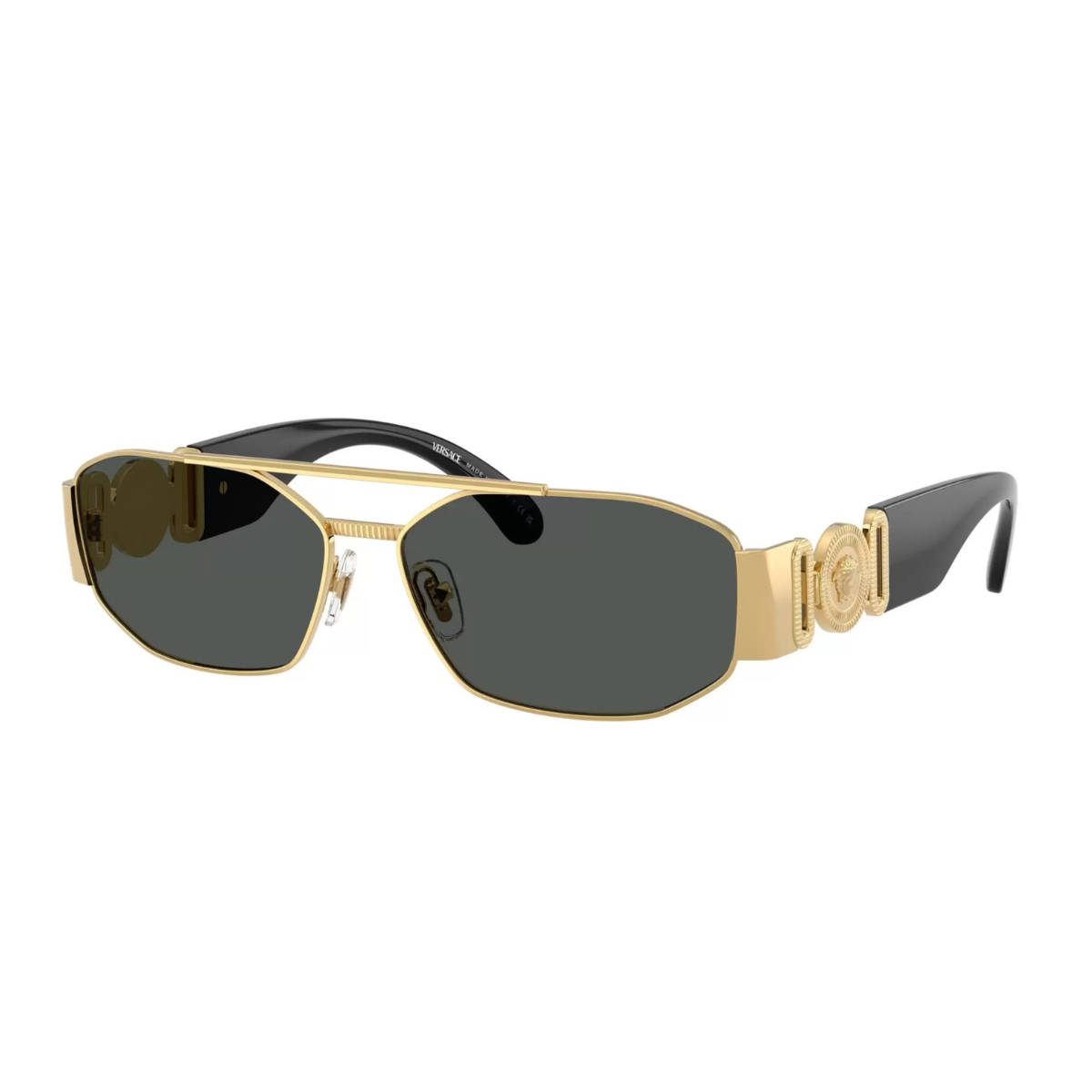 Gold-framed sunglasses with black lenses on a white background