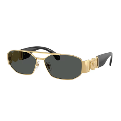 Gold-framed sunglasses with black lenses on a white background