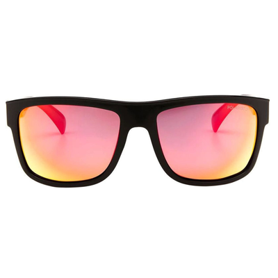 Black-framed sunglasses with red and yellow lenses on a white background