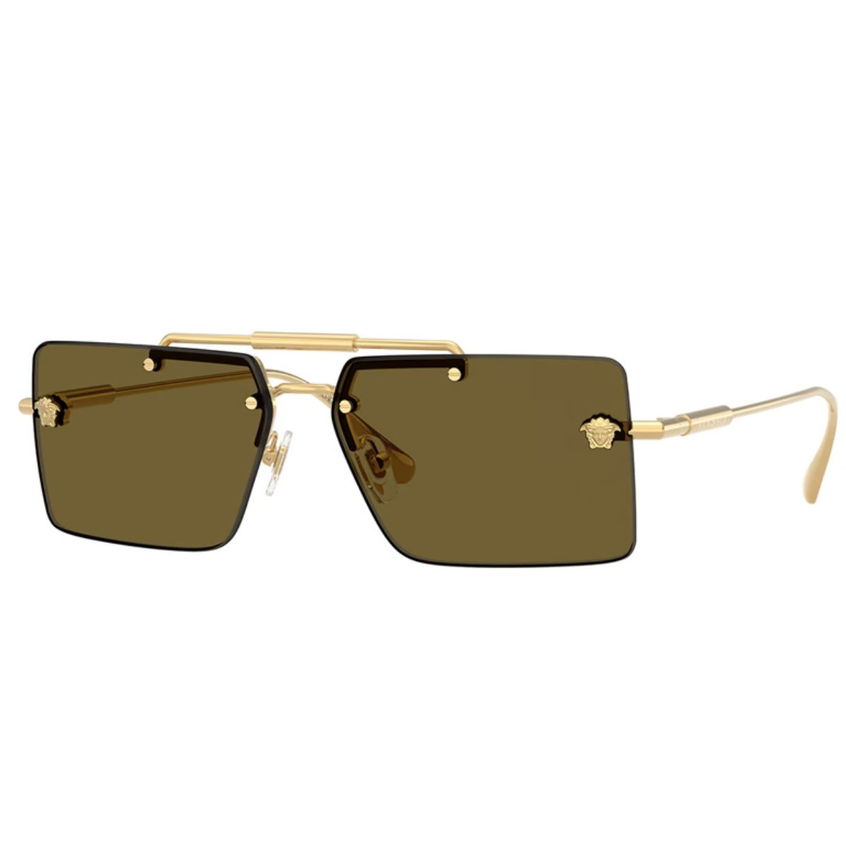 Gold-framed sunglasses with brown lenses on a white background versace