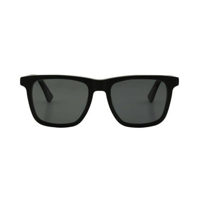 Black sunglasses with dark lenses on a white background
