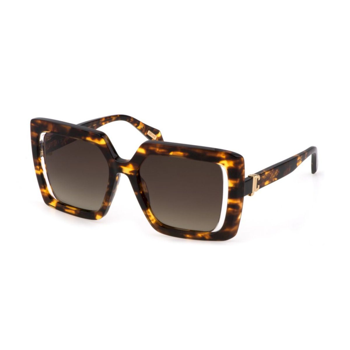 Tortoiseshell sunglasses with gold accents on a white background