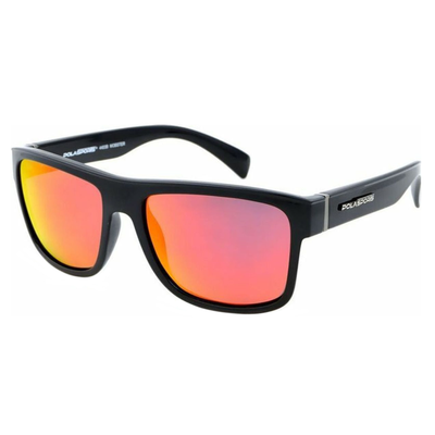 Black sunglasses with red-tinted lenses on a white background