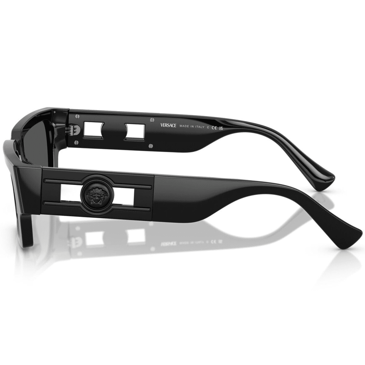 VERSACE VE4459 536087 54 slim rectangle unisex sunglass culture black on black matte side arm temple logo medusa