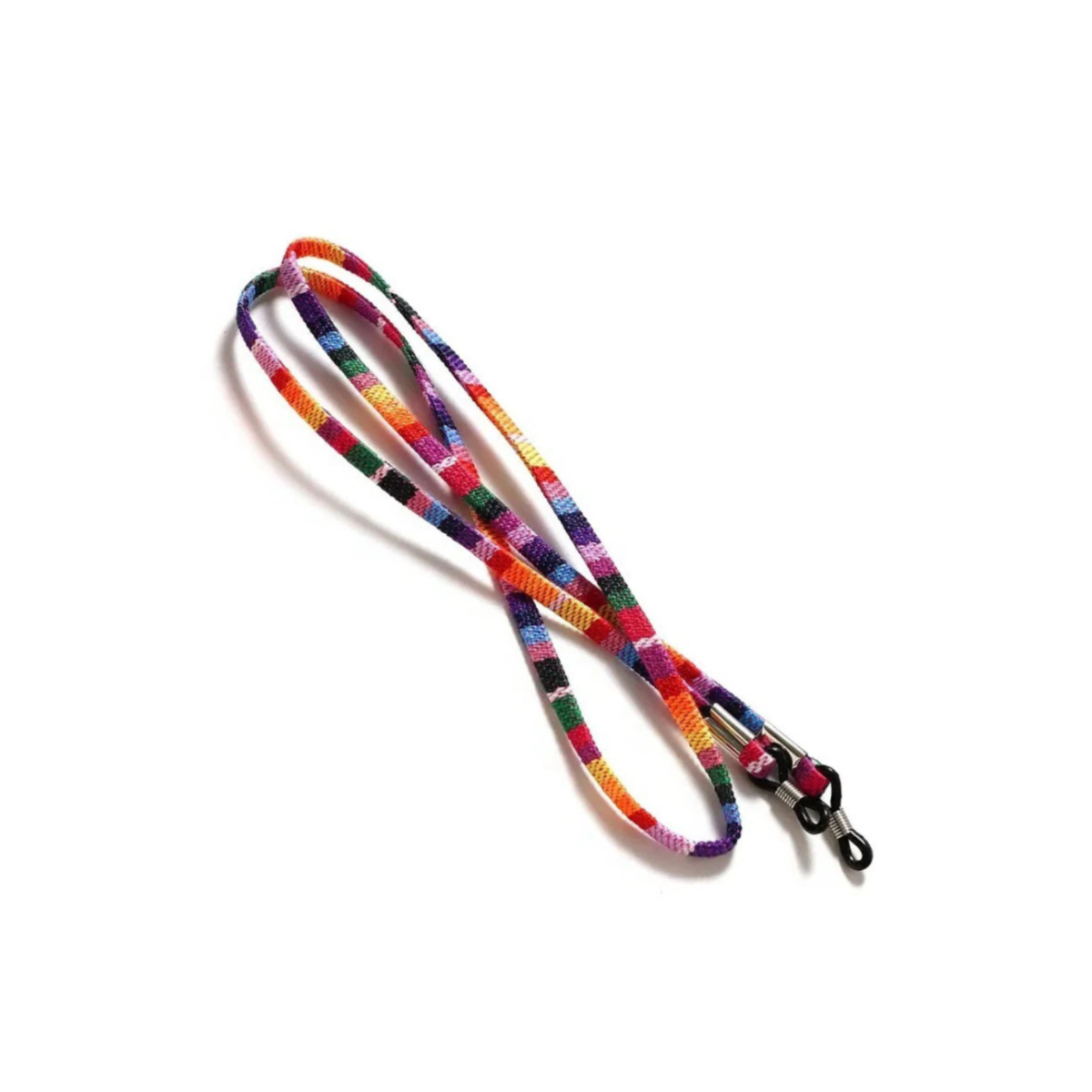 Multicolored striped lanyard with a metal clip on a white background