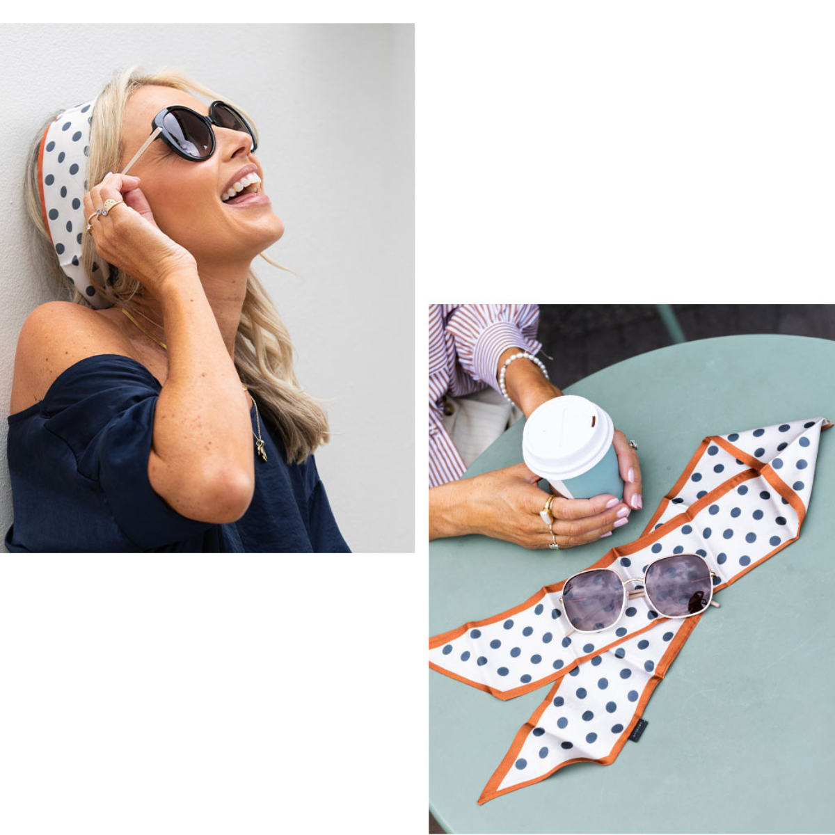 Woman wearing sunglasses with a polka dot scarf, and a close-up of the scarf with sunglasses on a table.