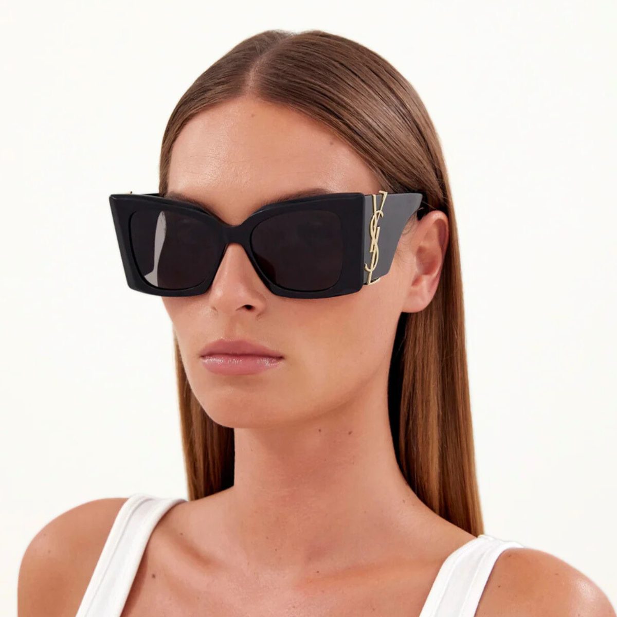 saint laurent ysl thick arm sunnies black logo gold SLM119 BLAZE sunglass culture coomera luxury designer on model