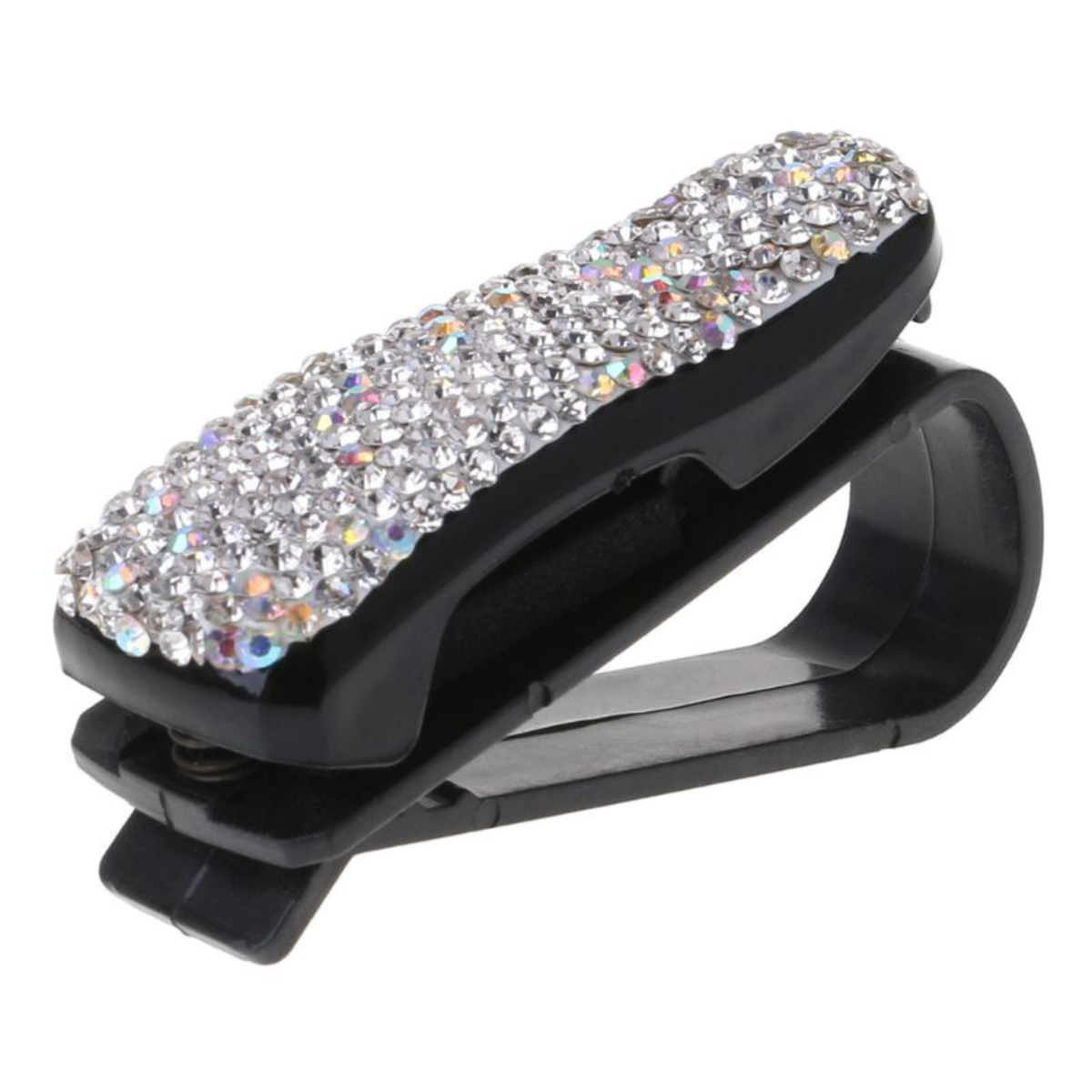Black sunglass visor with crystal embellishments on a white background