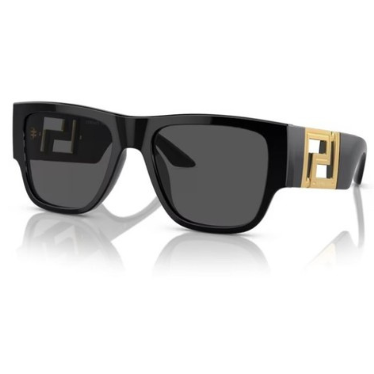 Black sunglasses with gold accents on a white background
